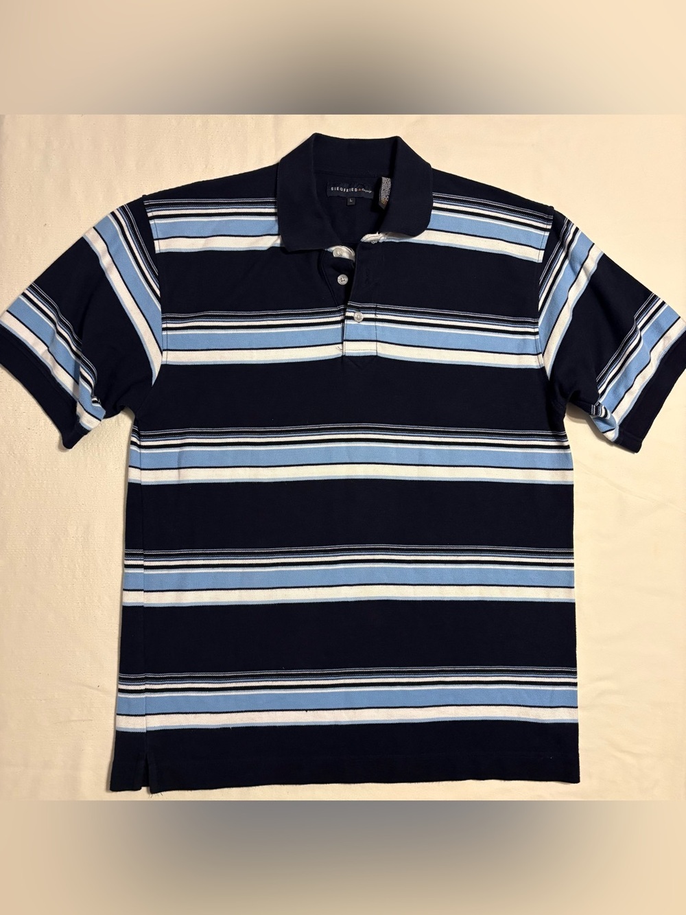 Vintage Siegfried and Company Navy Blue Striped Polo with Button Closure